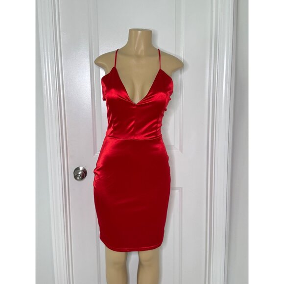 Red Satin Spaghetti Strap Criss-Cross Back Bodycon Mini Dress - Womens M - Picture 1 of 4